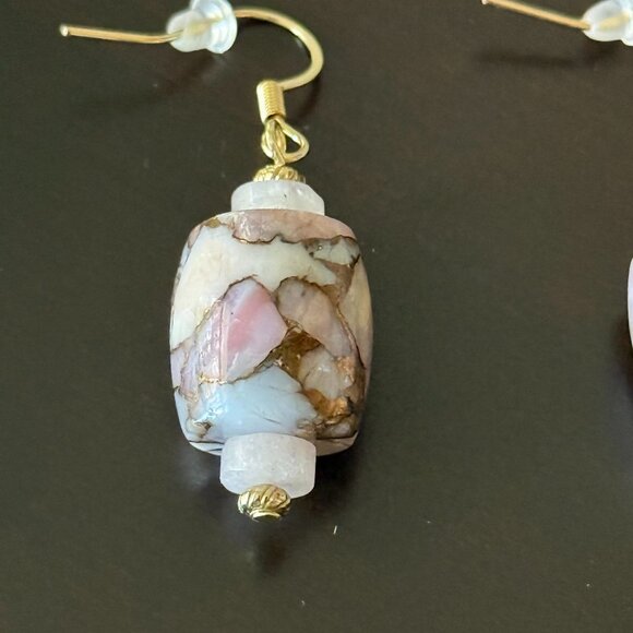 Kingman Pink Opal and Bronze with Rose Quartz Pierced Barrel Earrings - Picture 3 of 4